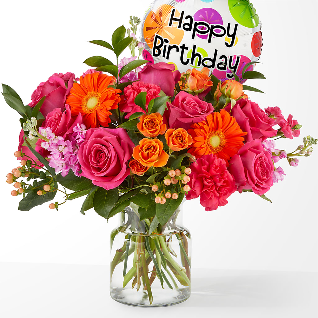 Fiesta Bouquet with Birthday Balloon – Acme Floral #0014, Akron OH