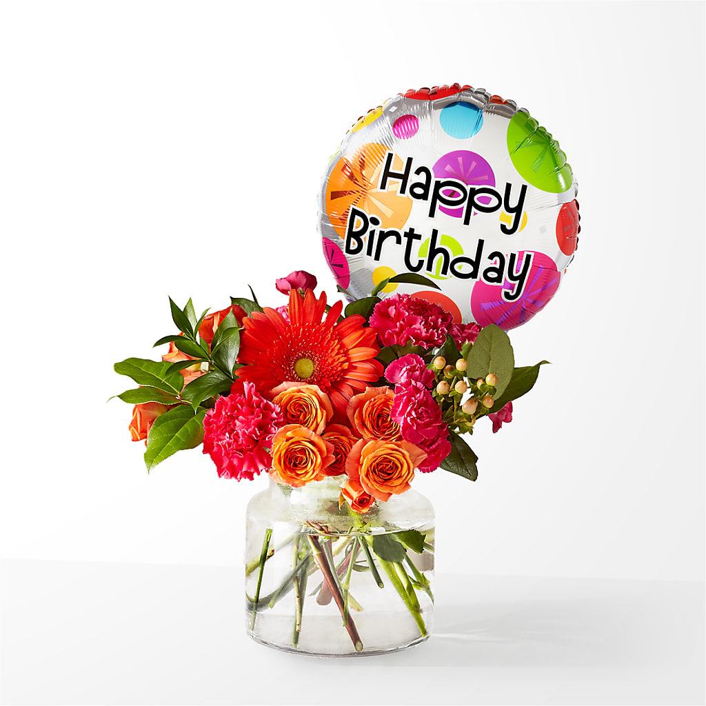 Fiesta Bouquet with Birthday Balloon – Acme Floral #0014, Akron OH