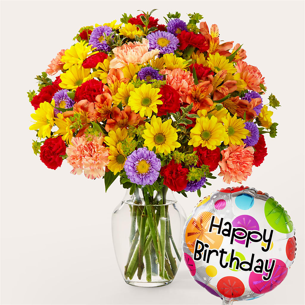 Kaleidoscope Bouquet with Birthday Balloon – Acme Floral #0014, Akron OH