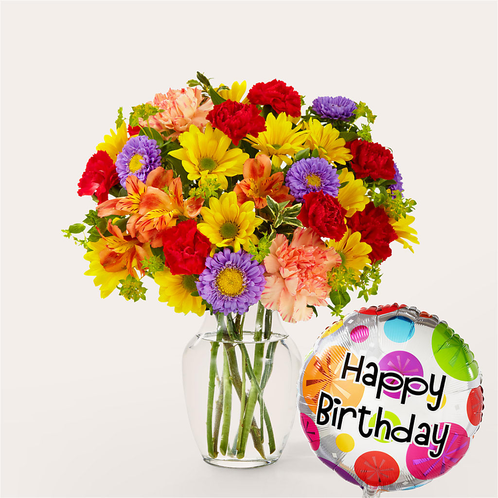 Kaleidoscope Bouquet with Birthday Balloon – Acme Floral #0014, Akron OH