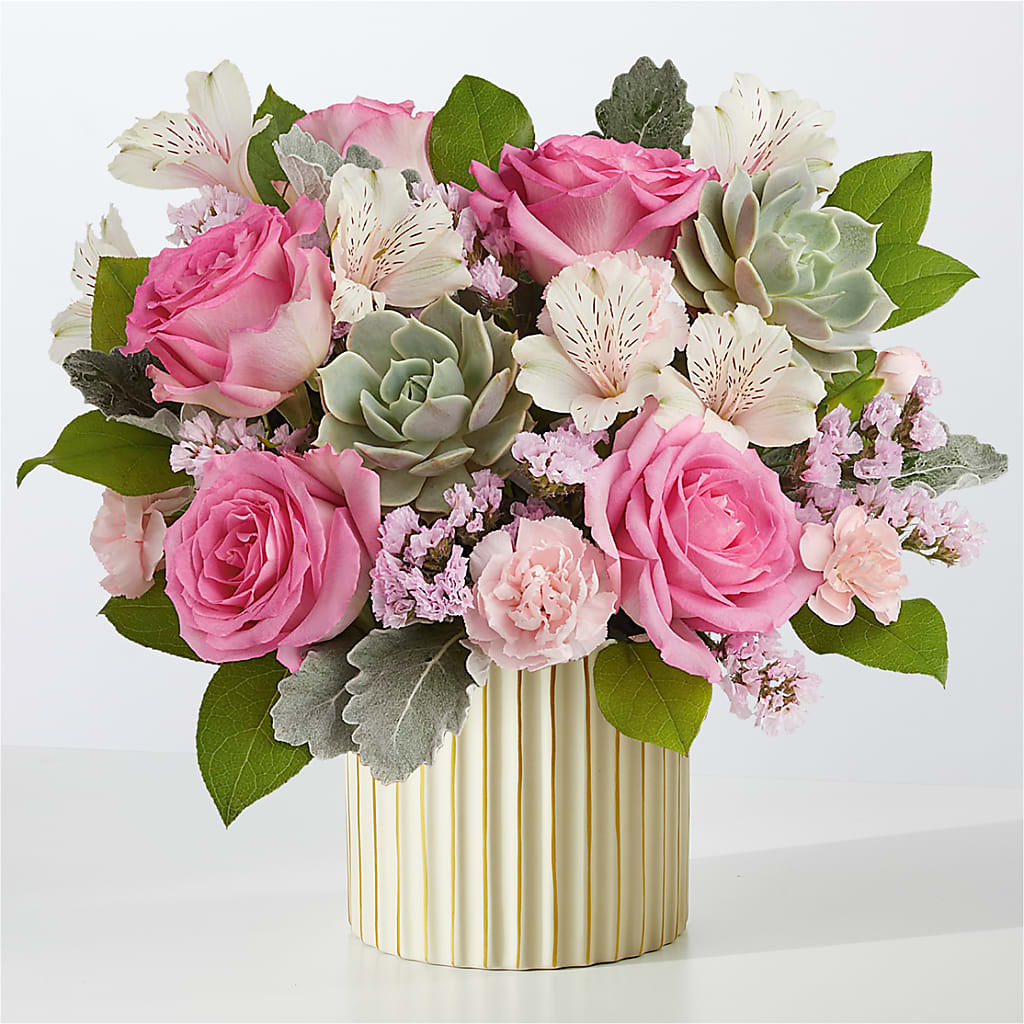 Dusty Rose Bouquet with Ivory Vase – Acme Floral #0014, Akron OH