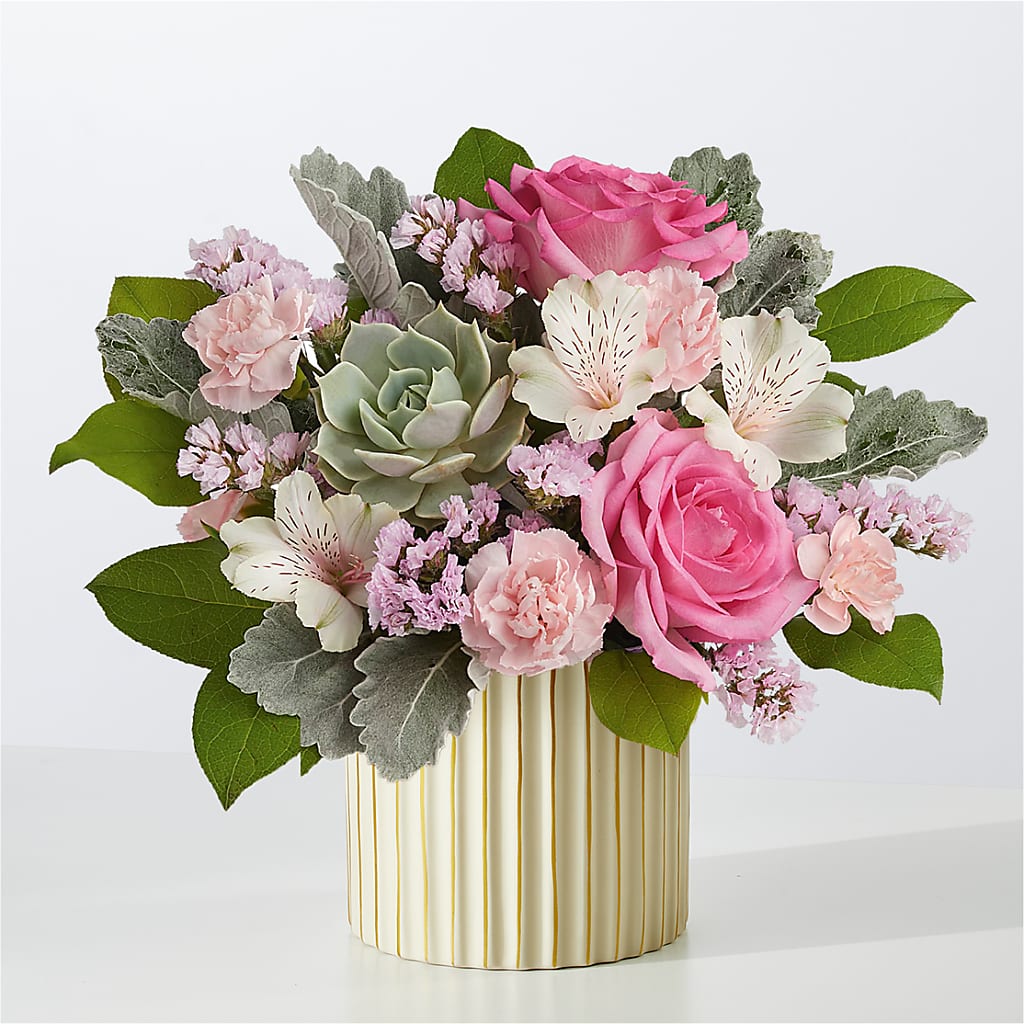 Dusty Rose Bouquet with Ivory Vase – Acme Floral #0014, Akron OH