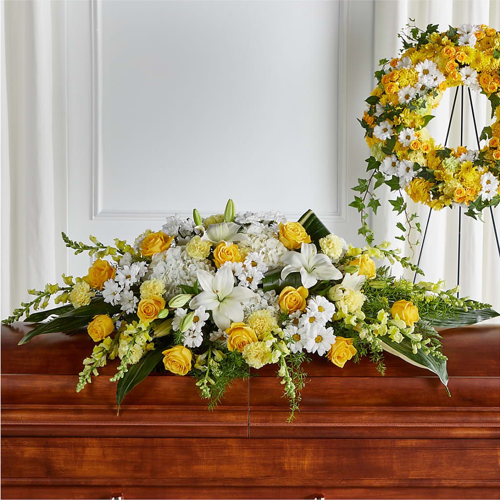 Golden Harmony Casket Spray – Acme Floral #0014, Akron OH