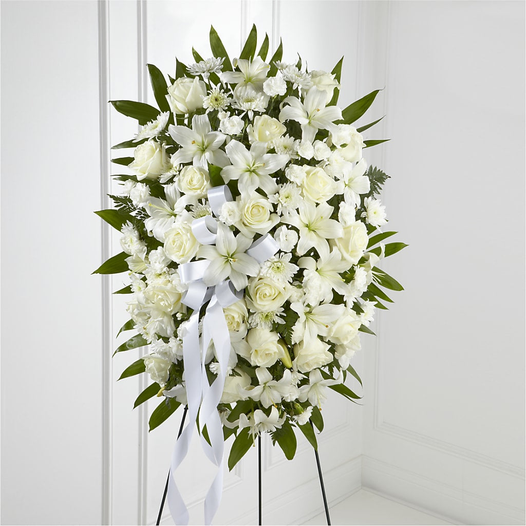 Exquisite Tribute Standing Spray-White Ribbon – Acme Floral #0014, Akron OH