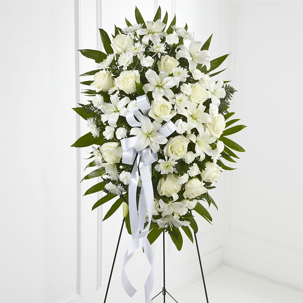 Exquisite Tribute Standing Spray-White Ribbon – Acme Floral #0014, Akron OH