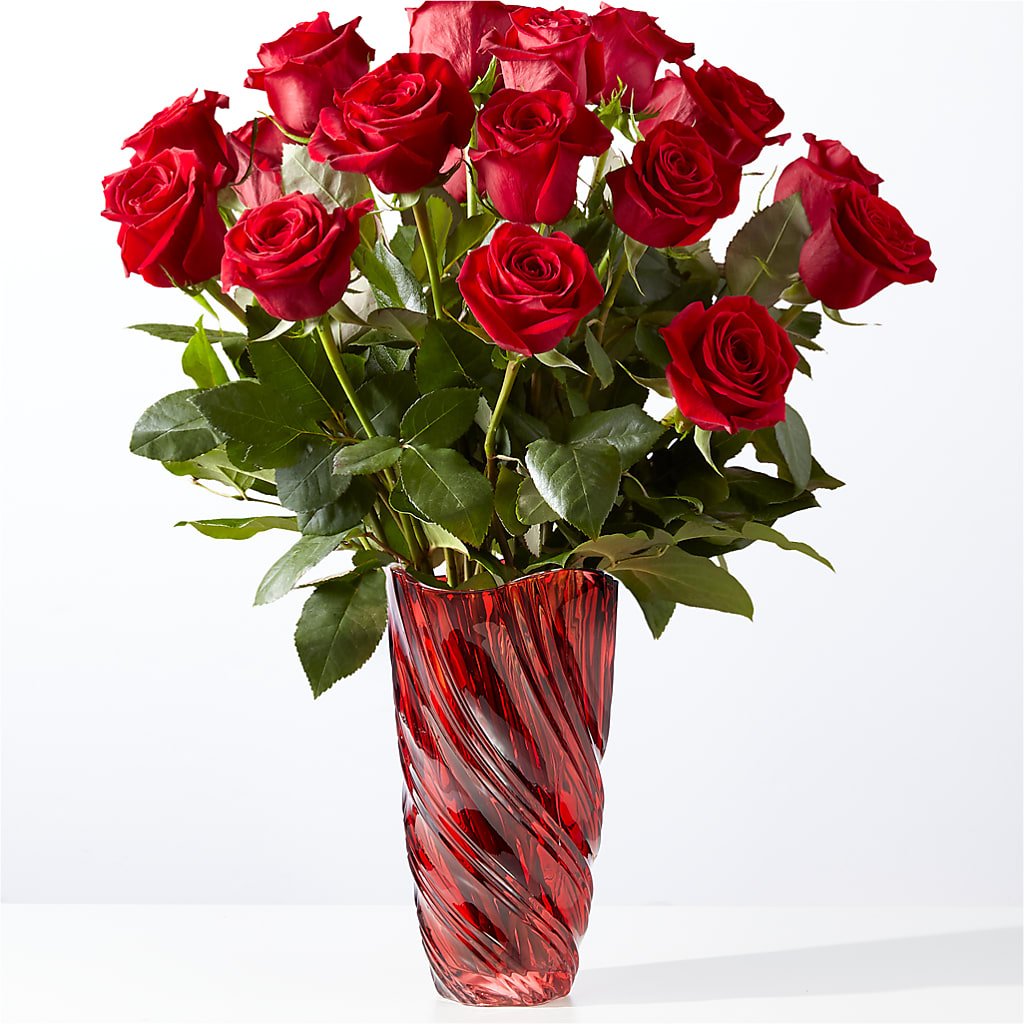 Classic Love Red Rose Bouquet with Luxe Swirl Vase – Acme Floral #0014, Akron OH