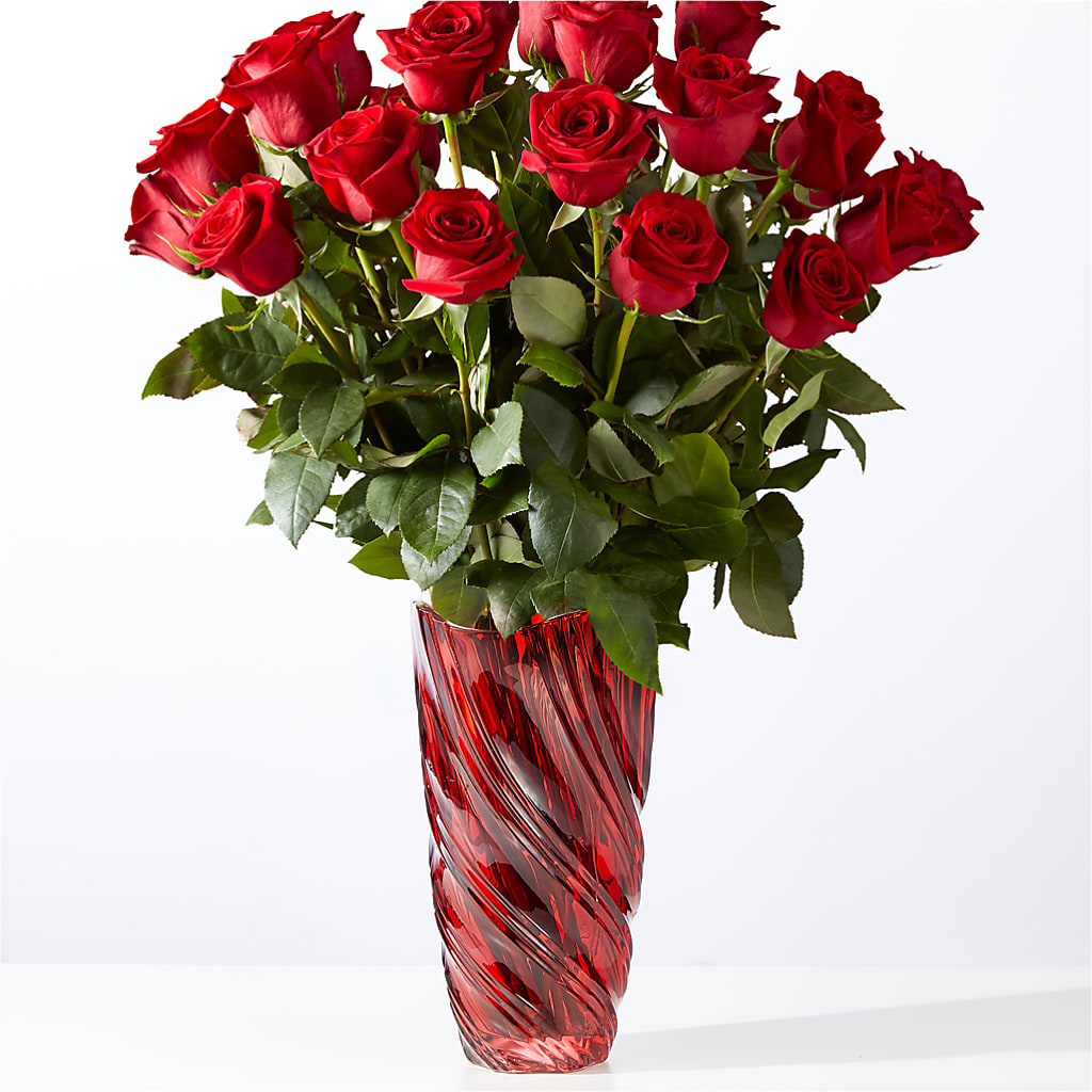 Classic Love Red Rose Bouquet with Luxe Swirl Vase – Acme Floral #0014, Akron OH