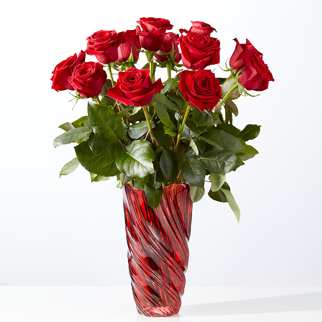 Classic Love Red Rose Bouquet with Luxe Swirl Vase – Acme Floral #0014, Akron OH