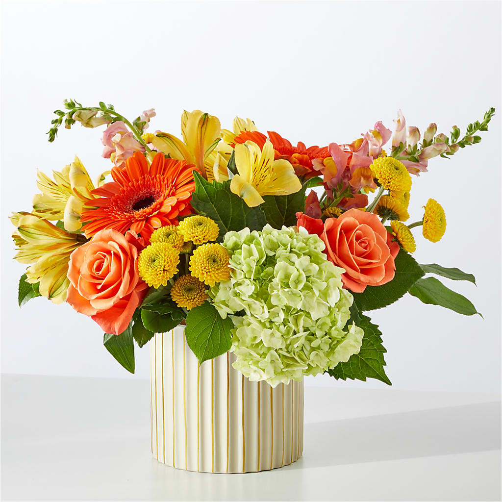 Autumn Sunshine Bouquet with Ivory Vase –  Acme Floral #0014, Akron OH