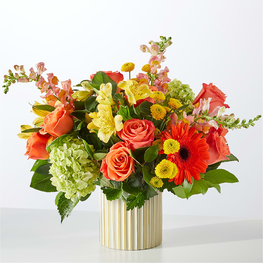 Autumn Sunshine Bouquet with Ivory Vase –  Acme Floral #0014, Akron OH