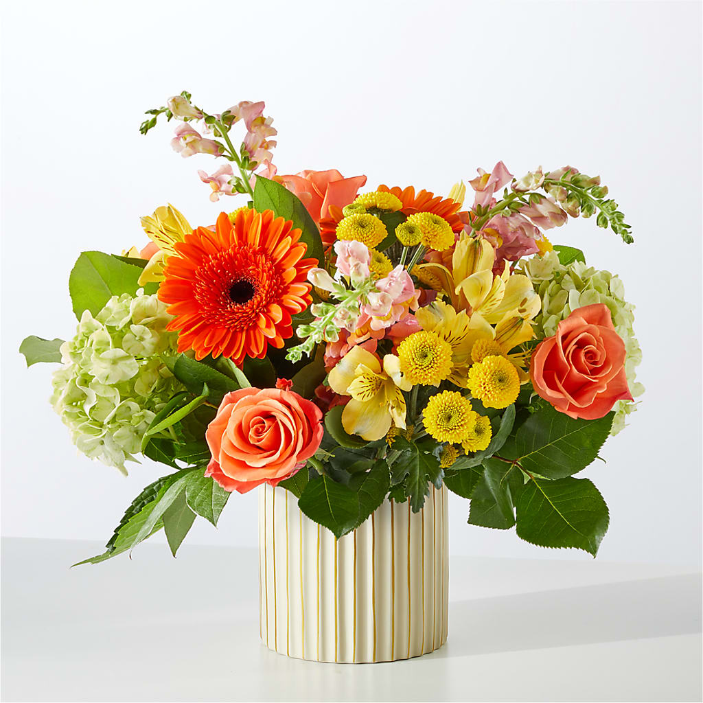 Autumn Sunshine Bouquet with Ivory Vase –  Acme Floral #0014, Akron OH