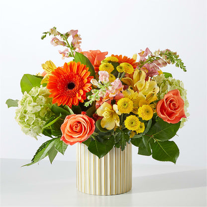 Autumn Sunshine Bouquet with Ivory Vase –  Acme Floral #0014, Akron OH