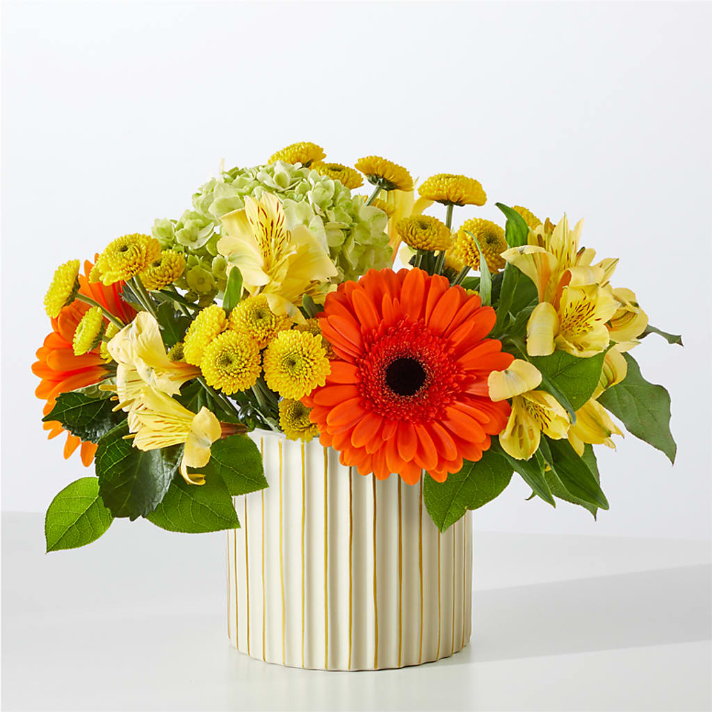 Autumn Sunshine Bouquet with Ivory Vase –  Acme Floral #0014, Akron OH